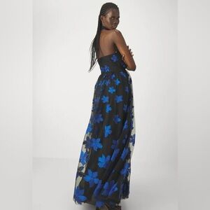 Monique Lhuillier Black V-neck Gown with Royal Blue Floral Appliqué
